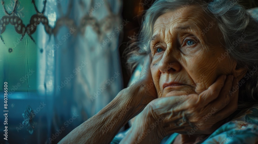 Poster older woman sitting in front of a window with a thoughtful expression