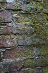 Abandoned mossy brick layered wall background, Grungy brick wall texture background, Weathered rusty brick backdrop