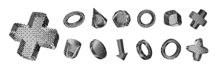 3D pixel geometric figure set, y2k halftone print shapes, brutal retro futuristic design element. Minimal grunge objects collage, cross, circle, arrow, cone, cylinder. Pixel figure creative icon kit