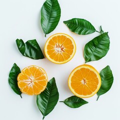 Fresh Cut Orange with Leaves on White Background Generative AI