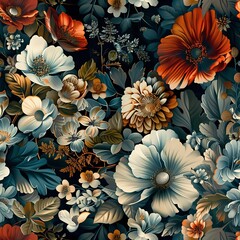 Fototapeta premium Beautiful floral pattern with orange, blue, and white flowers