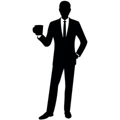 business standing with professional outfit, holding a cup of tea with cheers mode, vector silhouette