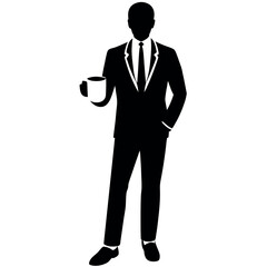 business standing with professional outfit, holding a cup of tea with cheers mode, vector silhouette