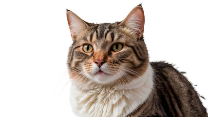 A Maine cat with green eyes is sitting on a white background.
