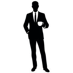 business standing with professional outfit, holding a cup of tea with cheers mode, vector silhouette