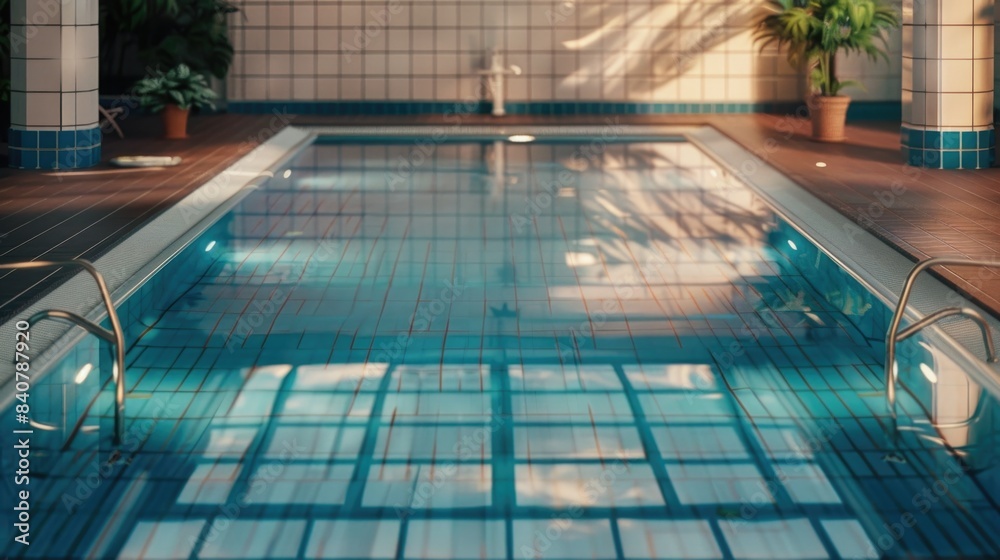 Poster Image of a swimming pool with a ladder in the middle, suitable for use as an illustration or visual representation of a recreational activity