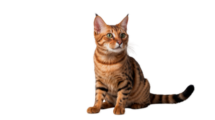 A Bengal cat with green eyes is sitting on a white background.