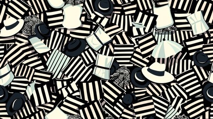 A close-up of a black and white striped pattern on hats, ideal for fashion or textile designs