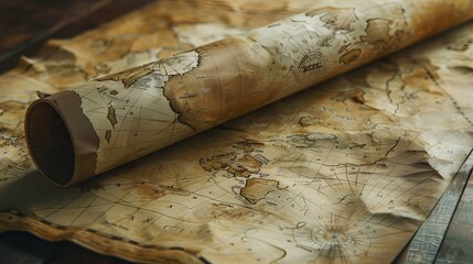 Historical Map: A yellowed historical map is rolled up in an old scroll. Worn-out details on its surface carry the traces of the past 