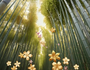 Gleaming Forest: Volumetric Japanese Bamboo Landscape with Gold and Flowers