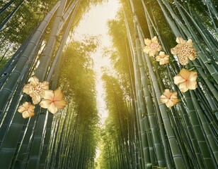 Floral Harmony: Japanese Bamboo Forest with Golden Accents