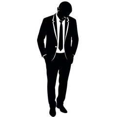 Businessman standing and looking down vector silhouette isolated white background