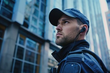 A person wearing a hat and earphones standing in front of a tall building