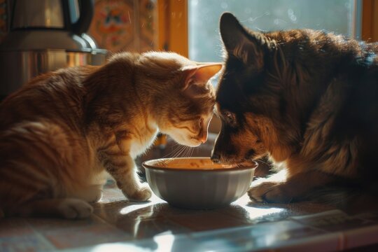 Two felines enjoying a meal together