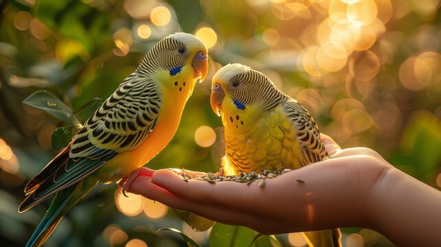 Close-up of parakeet feeding from hand against soft bodge background