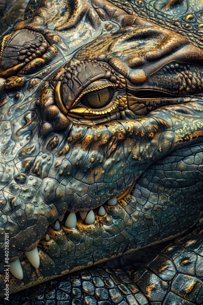 Poster a close-up image of an alligator's head, featuring its scaly skin and sharp teeth
