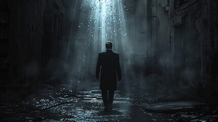 Fototapeta premium Striving in the Shadows: Resilient Businessman in Dark Alleyway Symbolizing Determination Amidst Adversity