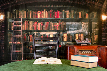 Old library with rustic lanterns and antique radio