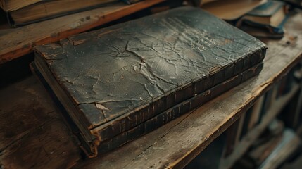 Obraz premium Ancient Book: A weathered leather-bound book, with pages bearing the marks of years, sits among old wooden shelves