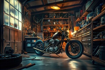 Naklejka premium A motorcycle parked in a garage