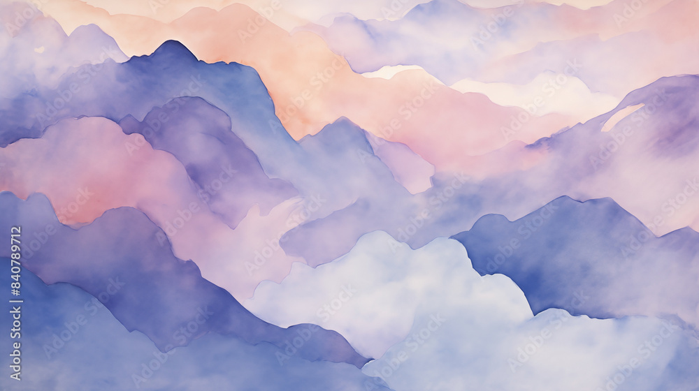 Poster Watercolor mountain range at sunset abstract landscape