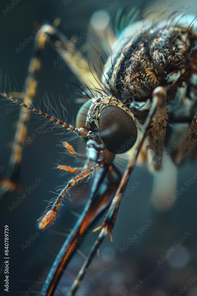 Poster close-up shot of a mosquito resting on a twig, possibly in a garden or outdoor setting