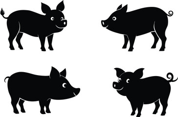 Black silhouette pig set flat Vector illustration