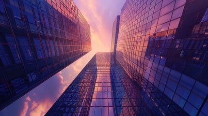 Looking up at modern skyscrapers in a city center with reflective glass facades against a twilight sky, capturing urban architectural design, photo realistic, isolated background, copy space