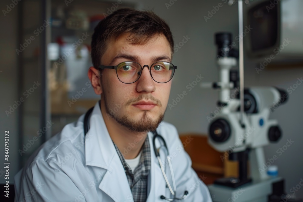 Poster A scientist in a lab coat sits at a microscope, focusing on a sample