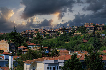 Southern cityscape, evening view of buildings and houses in public places in Turkey, in the city of Istanbul