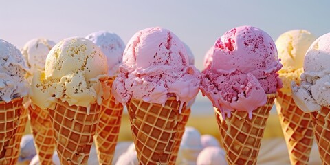 A variety of colorful ice cream cones in different flavors, perfect for a summer treat or party decoration