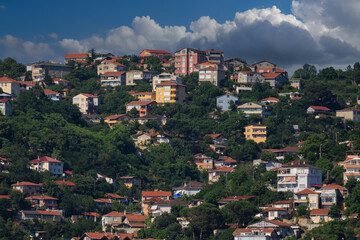 Fototapeta premium Southern cityscape, view of buildings and houses with green plants in public places in Turkey, sunny summer day in the city of Istanbul