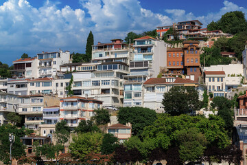 Southern cityscape, view of buildings and houses with green plants in public places in Turkey, sunny summer day in the city of Istanbul