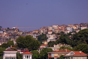 Southern cityscape, view of buildings and houses with green plants in public places in Turkey, sunny summer day in the city of Istanbul