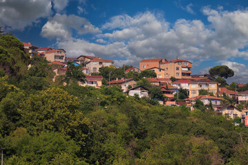 Fototapeta premium Southern cityscape, view of buildings and houses with green plants in public places in Turkey, sunny summer day in the city of Istanbul