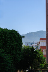 Southern cityscape, view of buildings and houses with green plants in public places in Turkey, sunny summer day in the city of Istanbul