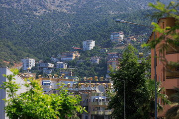 Obraz premium Southern cityscape, view of buildings and houses with green plants in public places in Turkey, sunny summer day in the city of Istanbul