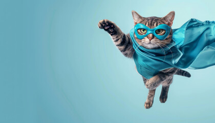Fototapeta premium Superhero cat flying with blue mask and cape. Concept of feline heroism by AI generated image