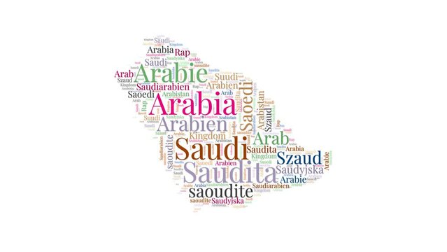 Saudi Arabia shape words animation. Saudi Arabia boundary filled with country names animated. Country opening, intro, presentation video.