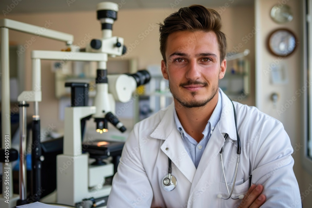 Poster a scientist in a lab coat sits at a microscope, surrounded by scientific equipment and notes
