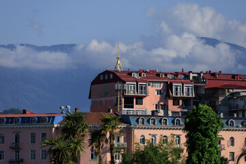 Orange sky at sunset in the evening. Seascape overlooking the coast in the city of Istanbul