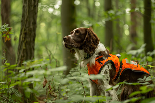 Springer Spaniel dog wearing an orange vest in a dense green forest