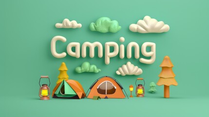 A cartoonish drawing of a campsite with a large sign that says Camping