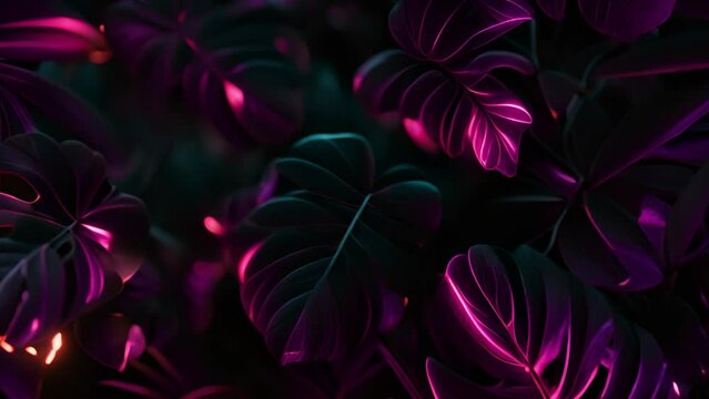 Neon tropical leaves. Color exotic tree and plant leaf, colorful palm leaves. Leaf floral tropical, rainforest foliage exotic, fashion botanical neon lights 4k video
