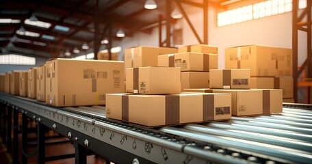 conveyor belt, distribution warehouse, cardboard boxes, a large conveyor factory that sorts paper mailboxes of various sizes