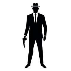 depicting a man in a suit pointing a gun in a front view perspective vector silhouette