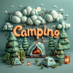 A cartoonish drawing of a campsite with a large sign that says Camping