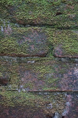 Abandoned mossy brick layered wall background, Grungy brick wall texture background, Weathered rusty brick backdrop