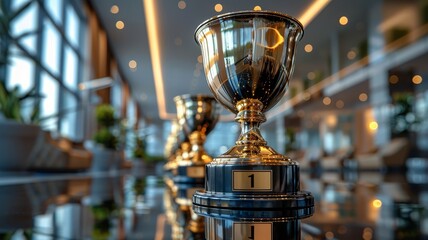 Gleaming golden trophy cups for fathers feature unique #1 tags on a minimalist base