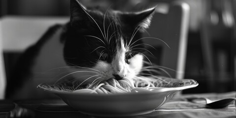 A close-up shot of a black and white cat enjoying its meal from a bowl